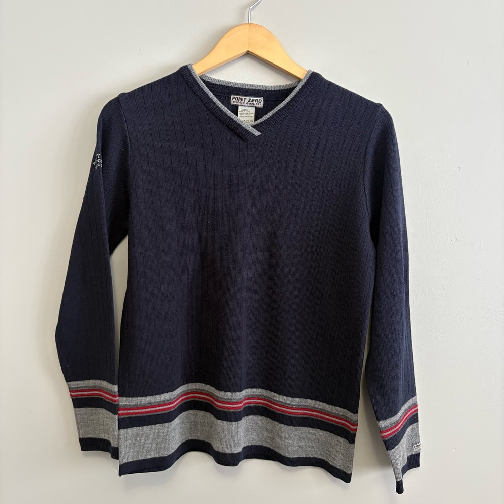 Vintage Point Zero Nicole Benisti Navy Ribbed V-Neck Sweater Striped Hem Y2K - Picture 1 of 6